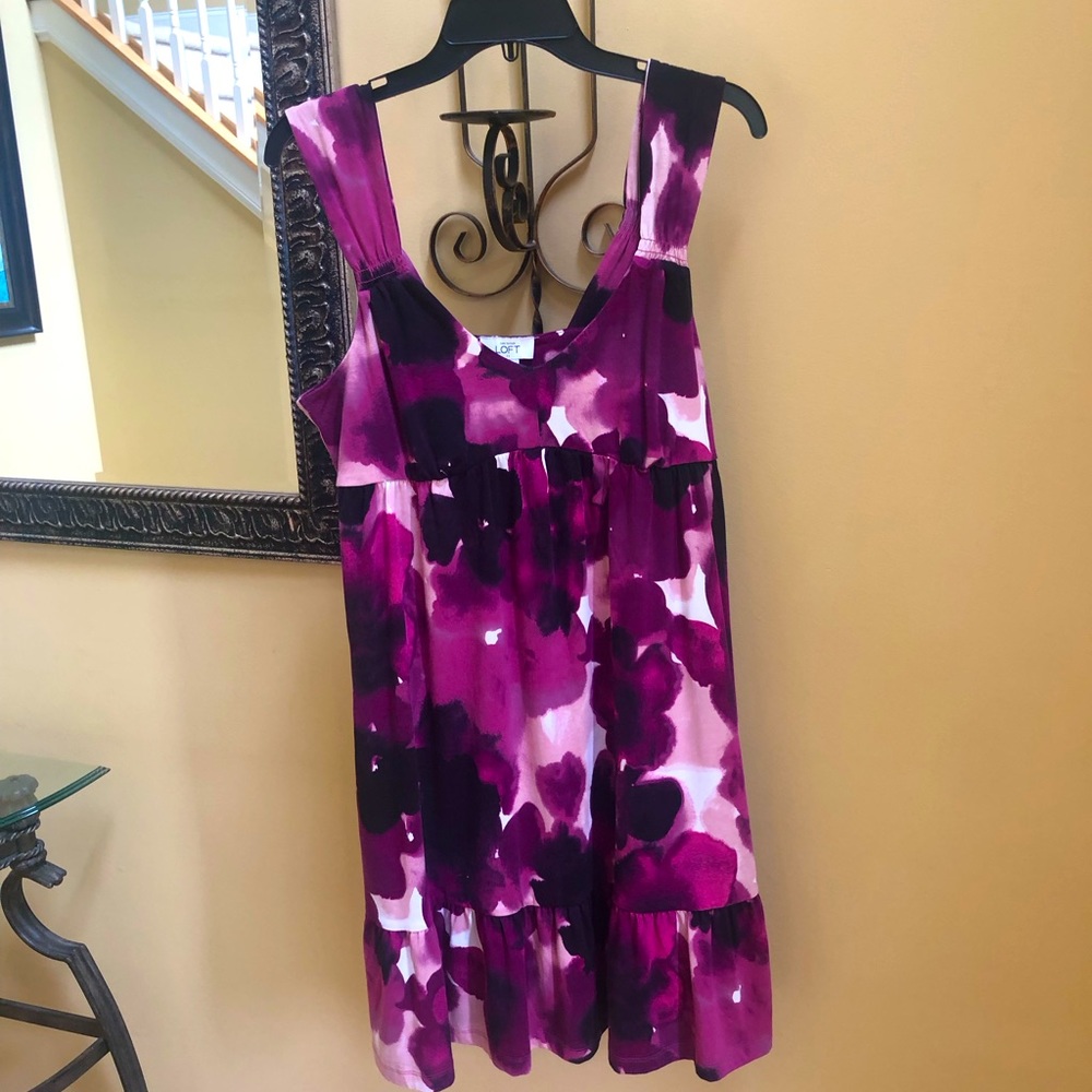 Ann Taylor Loft womens M watercolor summer dress Purple, Pink, Black ruffled hem